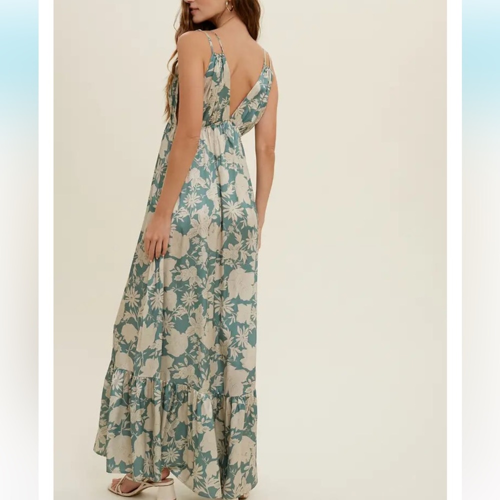 NEW FLORAL SATIN GREEN & CREAM MAXI DRESS WITH DOUBLE STRAPS - Picture 1 of 8